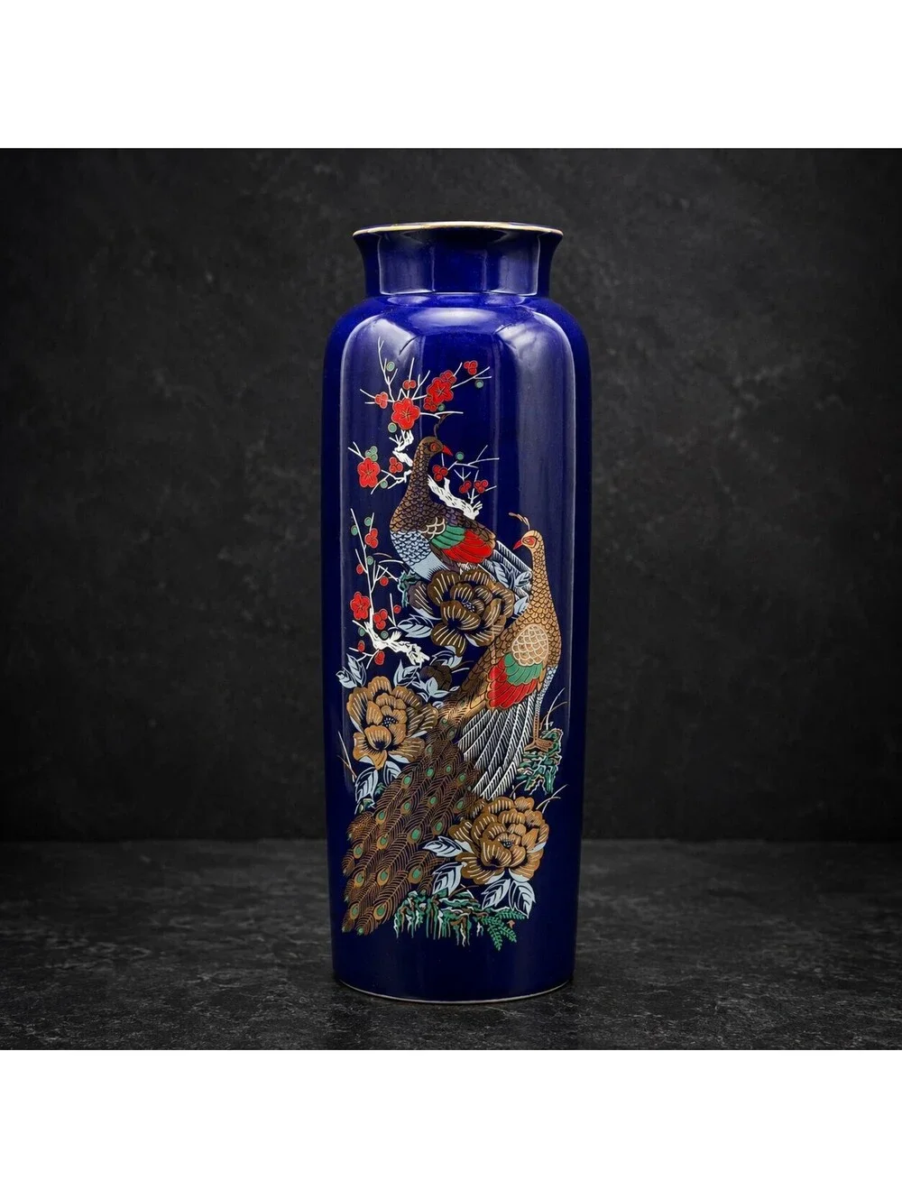 Vintage Imperial Interpur Japan Cobalt Blue Peacock Vase 11